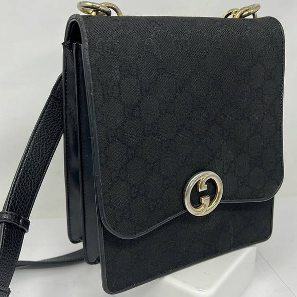 Gucci 70s Black Logo Canvas Structured Double Compartment Shoulder Crossbody Bag - Picture 1 of 16